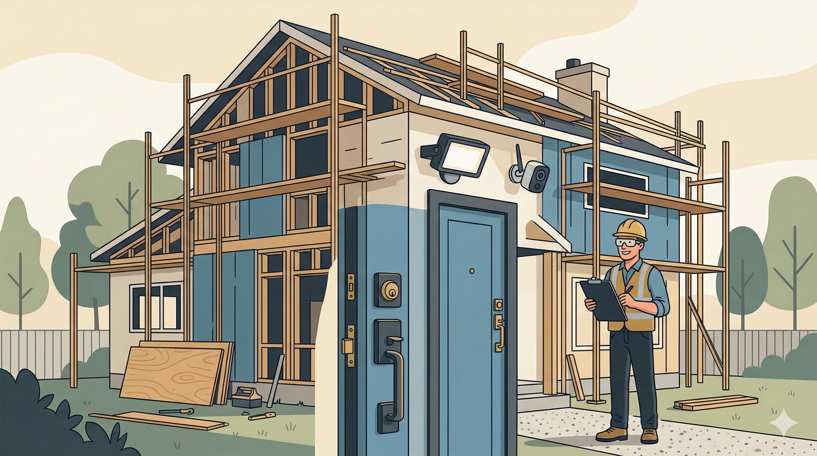 Contractor securing a residential renovation site with high-security deadbolts, motion-sensor lights, and surveillance cameras in Michigan