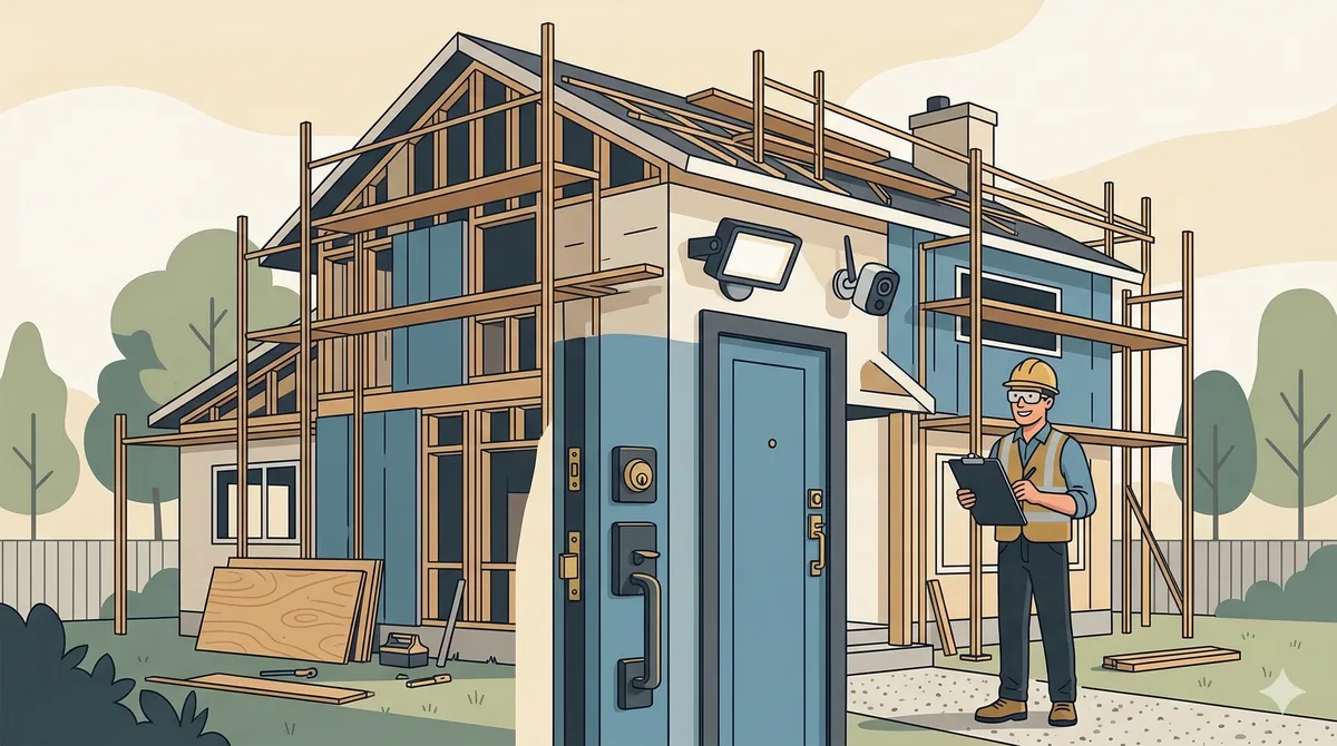 Contractor securing a residential renovation site with high-security deadbolts, motion-sensor lights, and surveillance cameras in Michigan